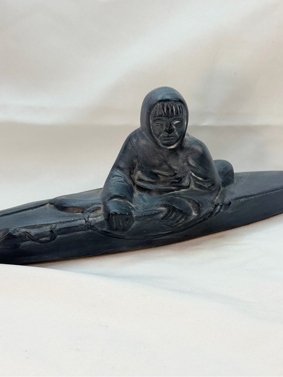 Other - Vintage Canada Ceramic Faux Soapstone Inuit Kayak Canoe Hunter Figurine 13”